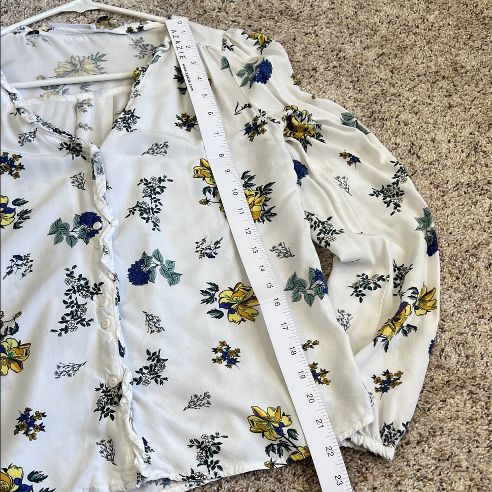 MNG by Mango Casual Floral Button Front Blouse Size XXS White Yellow Blue - Picture 7 of 7